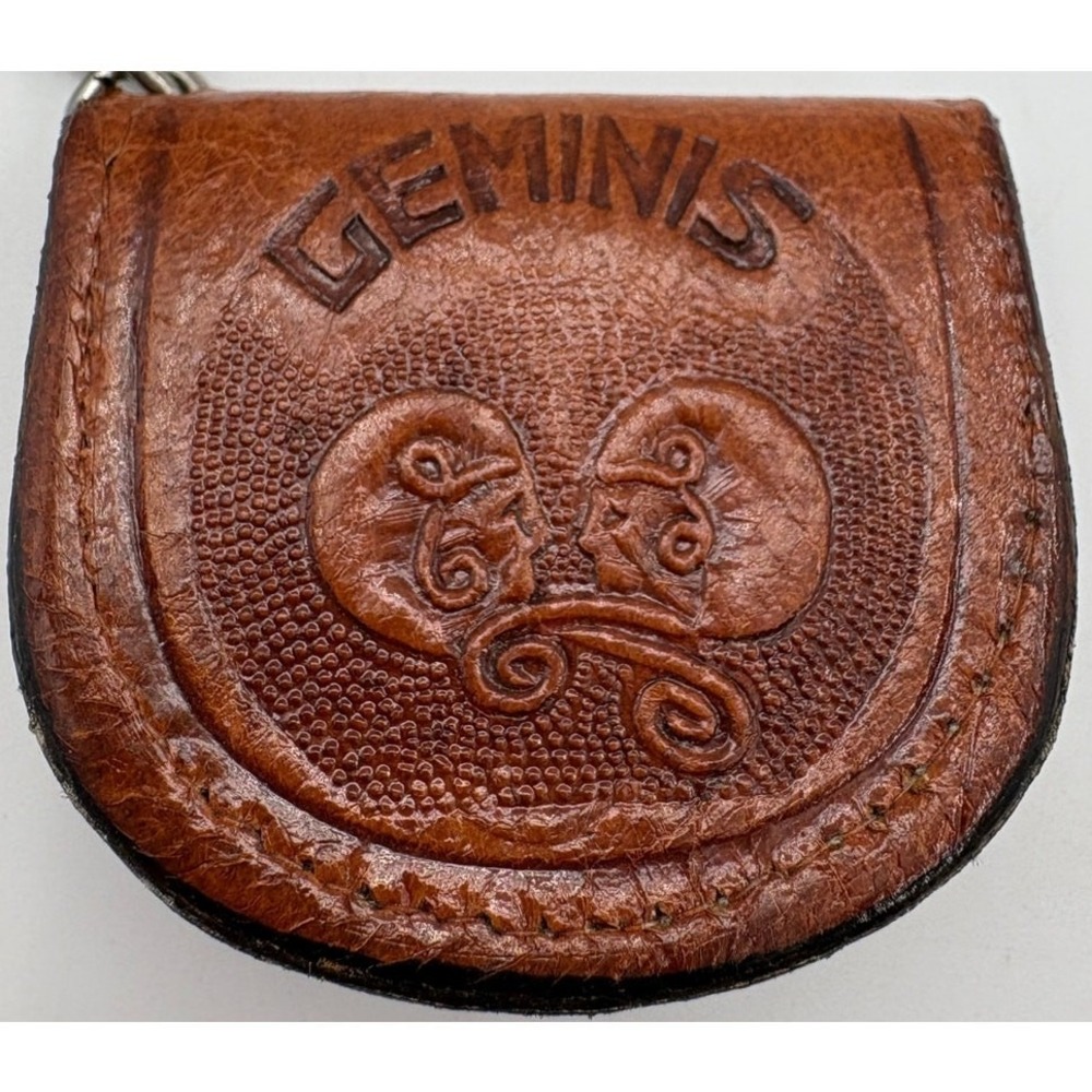 Geminis Leather Coin Holder Keychain Brown Made in Mexico Vintage‎